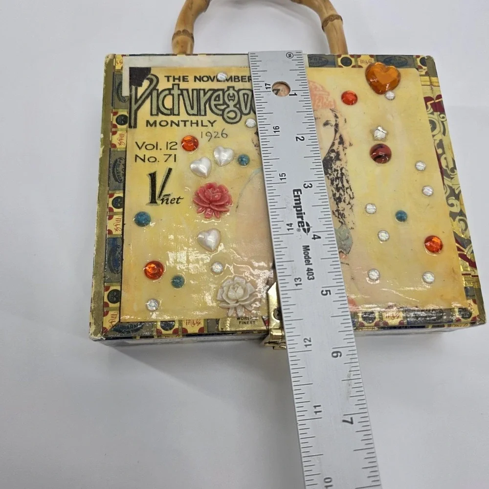 Vintage 1926 Picturegoer Magazine Wood Cigar‎ Box Purse Bamboo Top Handle